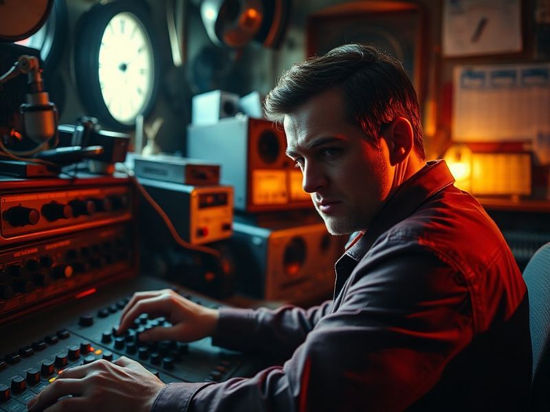 A professional headshot of Drew Scharnowski in a modern office setting, with sports highlights playing on a large screen behi