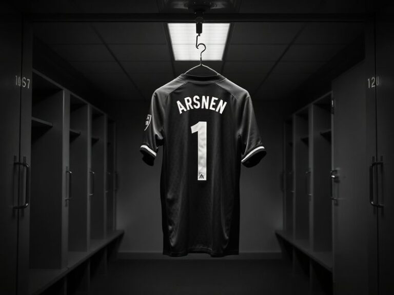 A somber image of the Emirates Stadium at dusk, with Arsenal's crest illuminated and a lone figure standing on the pitch in t