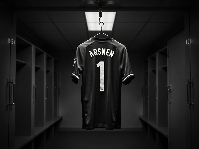A somber image of the Emirates Stadium at dusk, with Arsenal's crest illuminated and a lone figure standing on the pitch in t