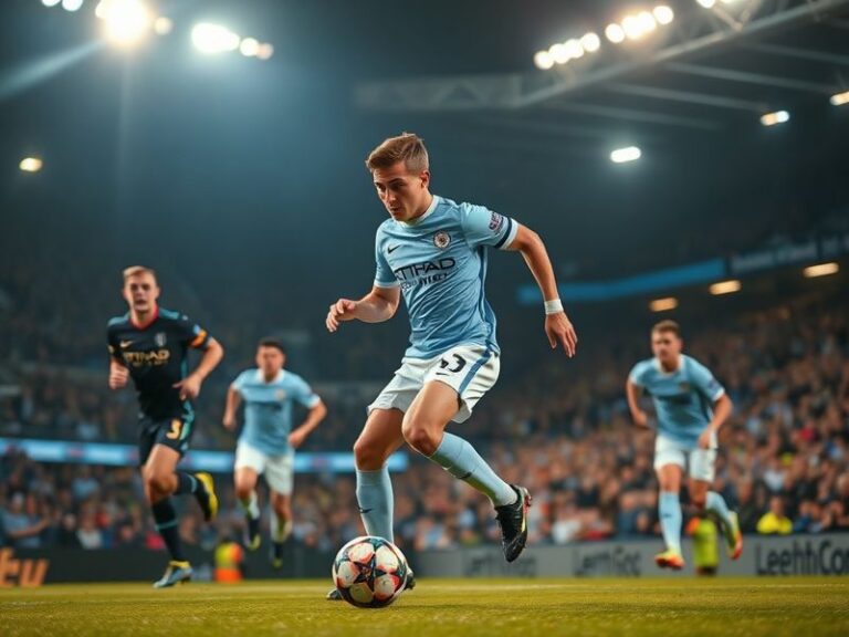 A dynamic action shot of Maxence Cherki in a Manchester City kit, mid-dribble in the Etihad Stadium, surrounded by blurred de