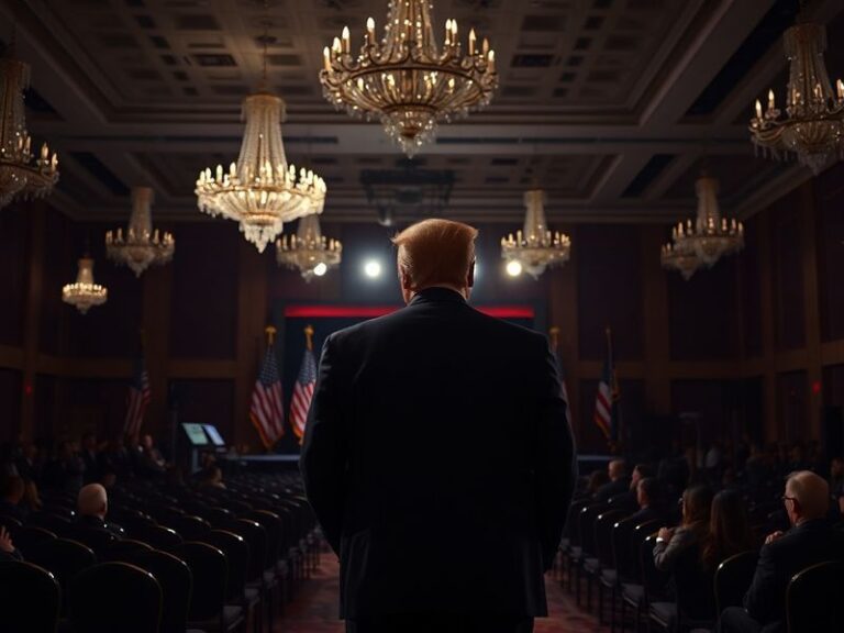 A split-image visual: on the left, Trump speaking in a grand ballroom with gold accents and chandeliers; on the right, a clos