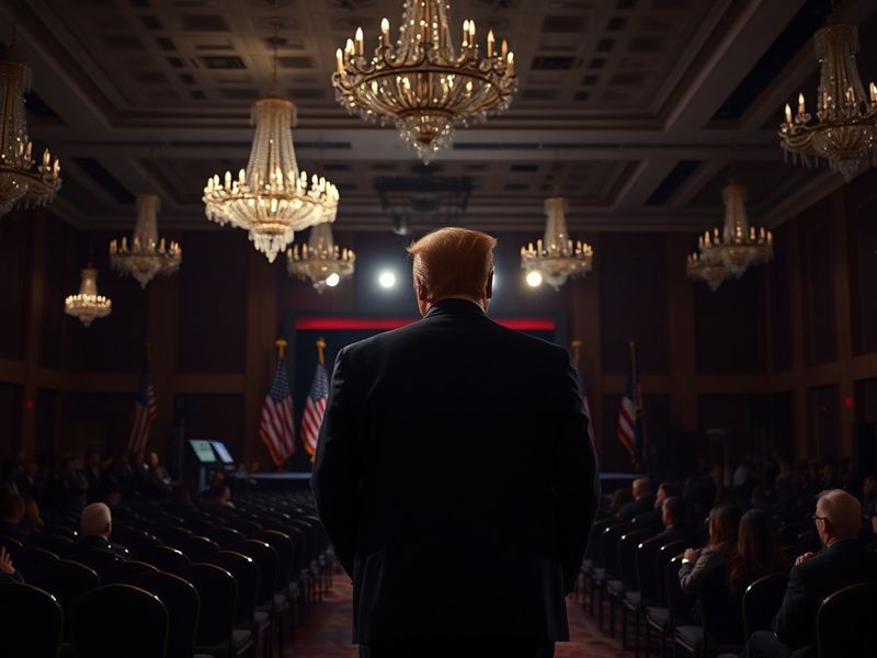A split-image visual: on the left, Trump speaking in a grand ballroom with gold accents and chandeliers; on the right, a clos