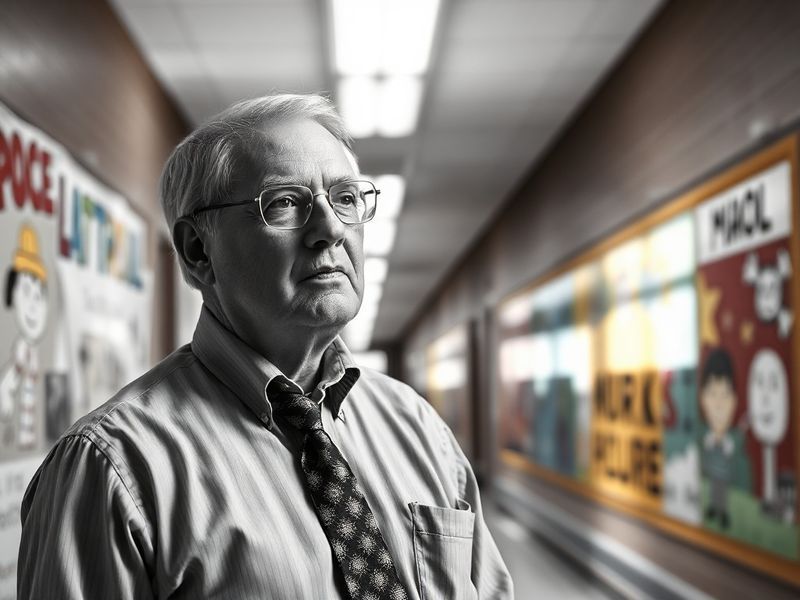A candid photo of Kirk Moore in a school hallway, speaking with students and teachers. The setting is warm and collaborative,