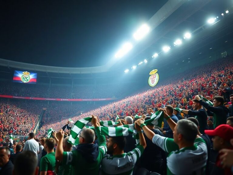 A dramatic night scene at Estádio da Luz during a Lisbon Derby, showing Benfica fans in red shirts creating a sea of red whil