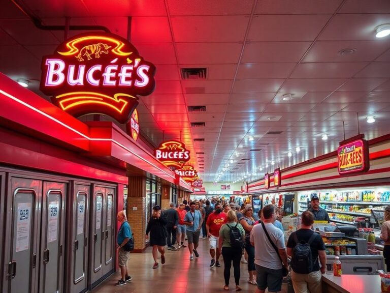 A vibrant exterior shot of a Buc-ee’s store with its iconic large sign, surrounded by travelers loading up on snacks. The sce
