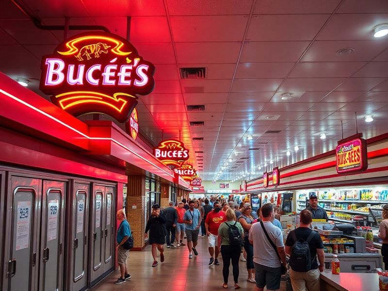 A vibrant exterior shot of a Buc-ee’s store with its iconic large sign, surrounded by travelers loading up on snacks. The sce