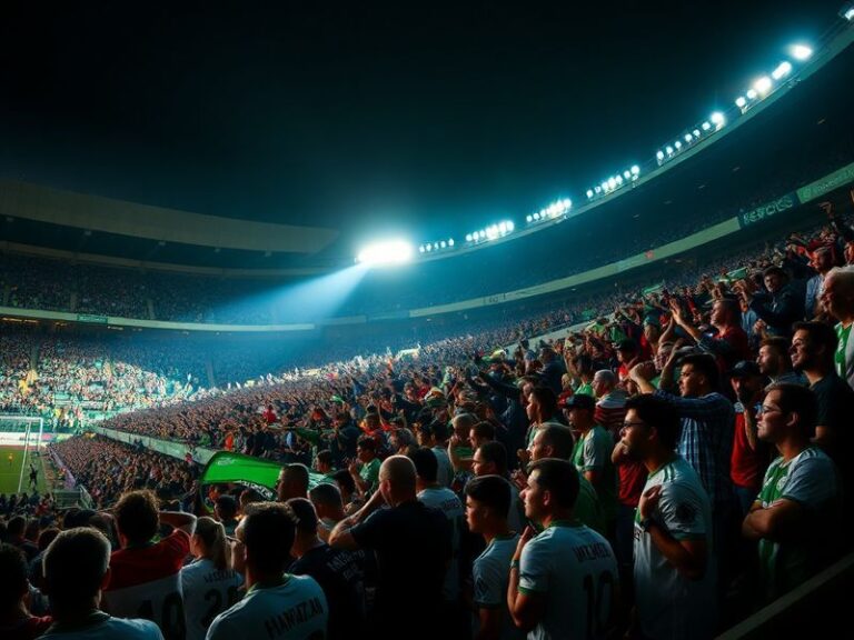 A vibrant night-time shot of Estádio da Luz and Estádio José Alvalade side by side, illuminated with green and red floodlight