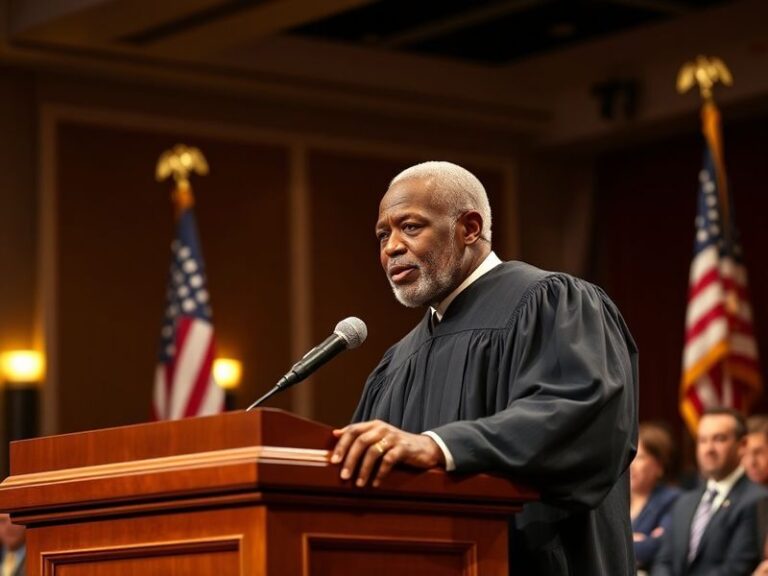 A formal portrait of Justice Clarence Thomas speaking at a podium, with an American flag in the background. The setting is a