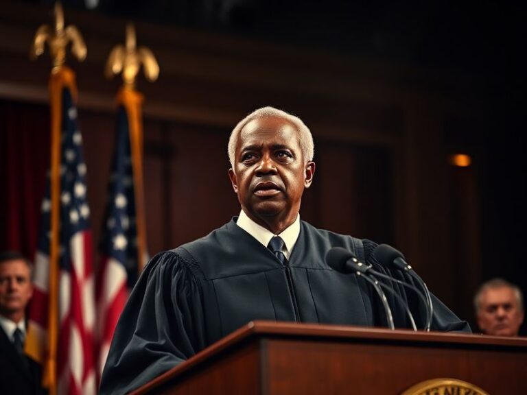 Supreme Court Justice Clarence Thomas speaking at a podium at the University of Notre Dame, with a crowd in the background. T