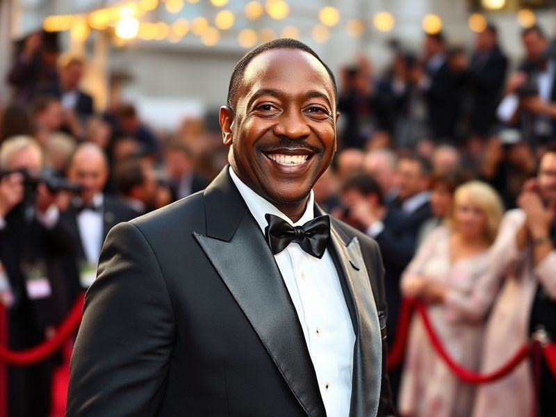 Eddie Murphy standing on stage holding his AFI Life Achievement Award, surrounded by confetti and an audience of industry pee