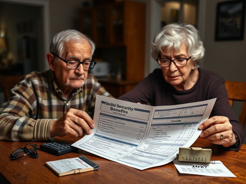 A close-up of a Social Security benefits statement next to a calculator and a chart showing inflation trends, with a concerne