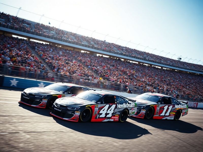 A vibrant shot of a NASCAR Cup Series race at Las Vegas Motor Speedway during the day, featuring multiple cars in a tight pac