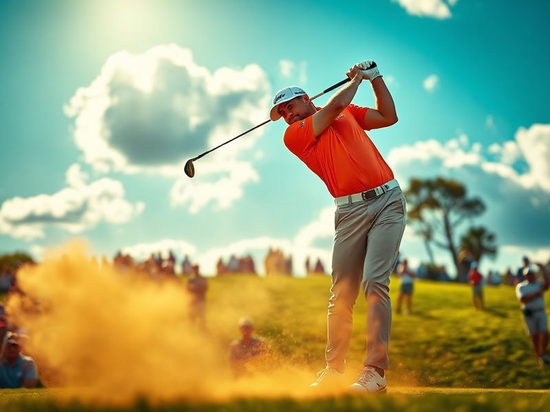 A dynamic photo of Rickie Fowler mid-swing on a sunlit golf course, wearing his signature orange shirt and backward cap, with