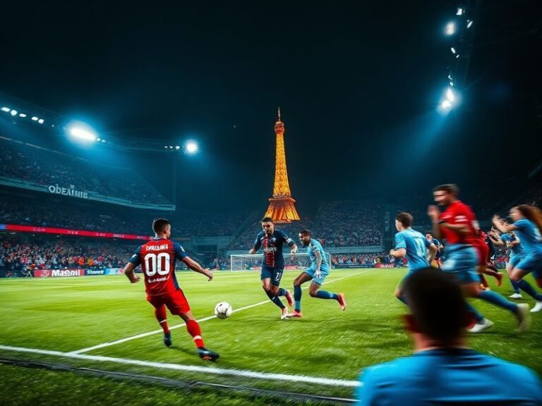 A dynamic shot of the Parc des Princes crowd during a PSG match, with the Lyon team visible in the background under floodligh