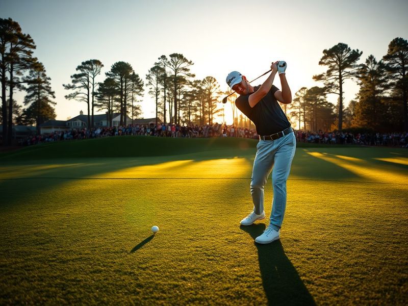 A focused action shot of Brian Harman mid-swing on a lush green golf course, wearing a white cap and navy shirt, with a calm
