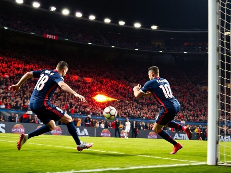 A vibrant stadium scene during PSG vs Lyon, showcasing Paris Saint-Germain's blue and red kit against Lyon's white and red, w