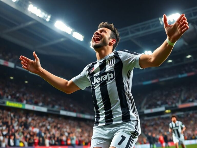 A dynamic shot of Juventus players celebrating a goal at the Allianz Stadium, with Bologna players in the background. The ima