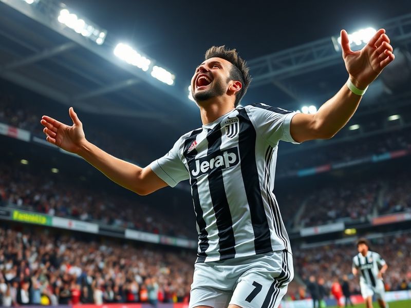 A dynamic shot of Juventus players celebrating a goal at the Allianz Stadium, with Bologna players in the background. The ima