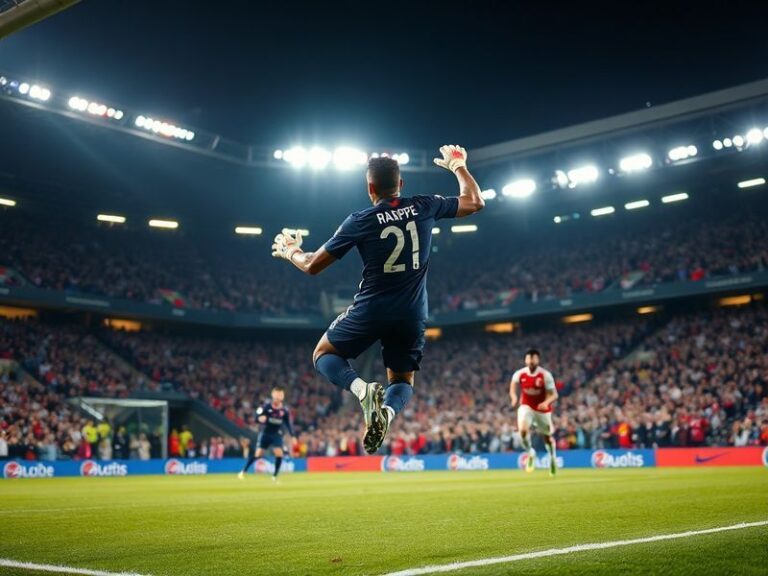 A dynamic mid-match shot at Parc des Princes, featuring PSG and Lyon players in action, with the stadium lights illuminating