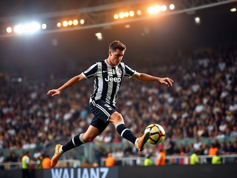 A wide-angle shot of Juventus players in black-and-white stripes warming up on the Allianz Stadium pitch under floodlights, w