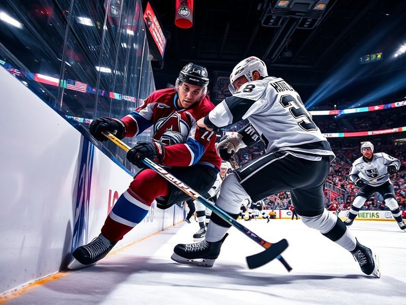 A dynamic action shot of the Kings vs Avalanche game, showcasing players in mid-play with the Los Angeles and Colorado team c