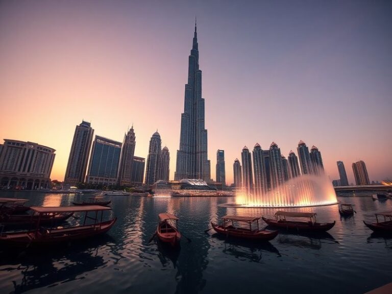 A vibrant cityscape of Dubai at dusk, featuring the Burj Khalifa, modern skyscrapers, and traditional wind-tower architecture
