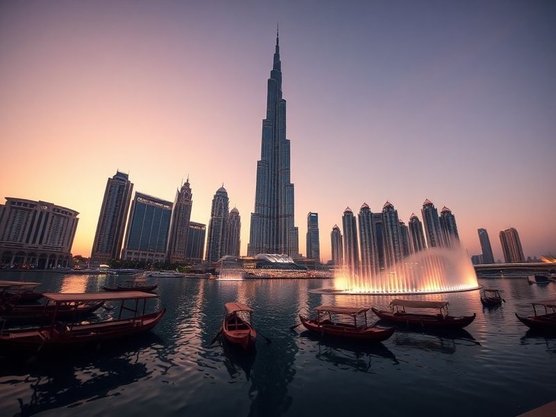 A vibrant cityscape of Dubai at dusk, featuring the Burj Khalifa, modern skyscrapers, and traditional wind-tower architecture