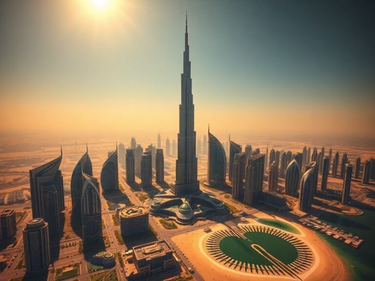 A vibrant aerial shot of the Dubai skyline at sunset, featuring the Burj Khalifa, Palm Jumeirah, and modern skyscrapers blend