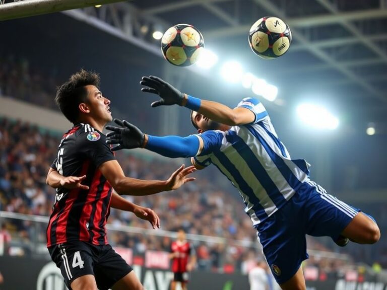 A dynamic shot of a Coritiba player in blue and white striped jersey challenging an Atlético-MG player in black and red, with