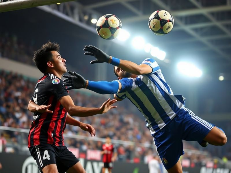 A dynamic shot of a Coritiba player in blue and white striped jersey challenging an Atlético-MG player in black and red, with
