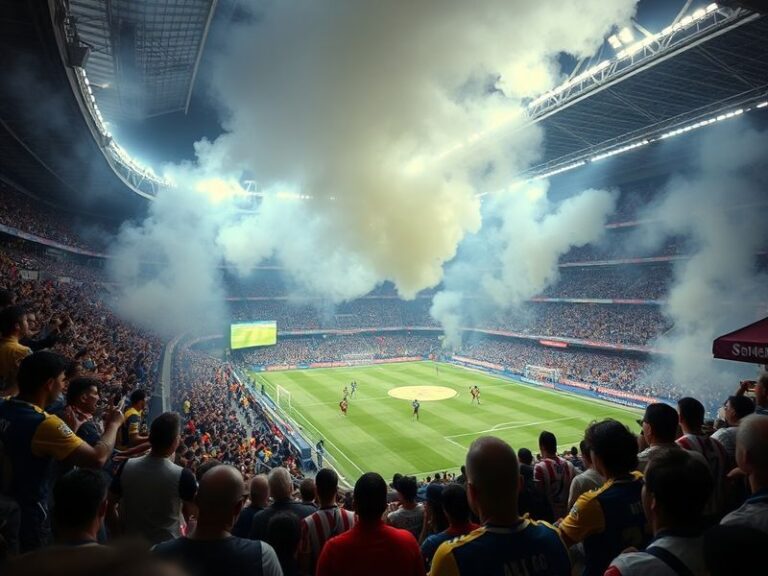 A packed La Bombonera stadium during a Boca Juniors vs River Plate match, with fans in blue and yellow creating a vibrant, el