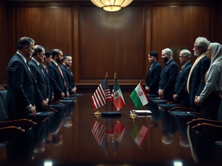 A split-image scene showing the U.S. and Iranian flags juxtaposed against a background of a tense Middle Eastern cityscape at