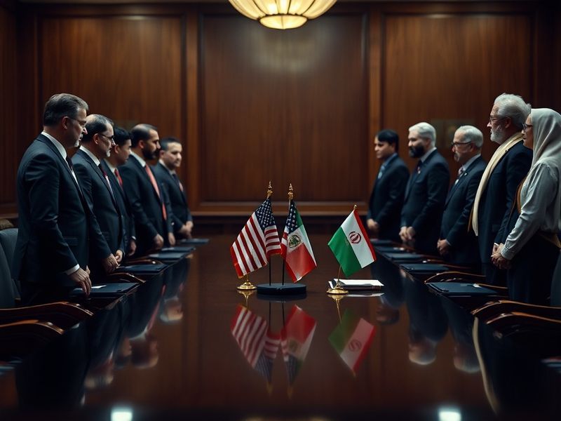 A split-image scene showing the U.S. and Iranian flags juxtaposed against a background of a tense Middle Eastern cityscape at