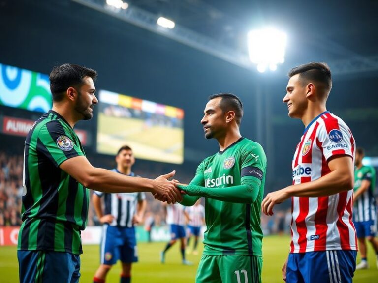 A vibrant stadium atmosphere with Coritiba's green-and-white striped jerseys facing off against Atlético-MG's black-and-white