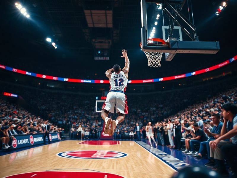 A dynamic action shot of the Detroit Pistons in a home game at Little Caesars Arena, featuring Cade Cunningham driving to the