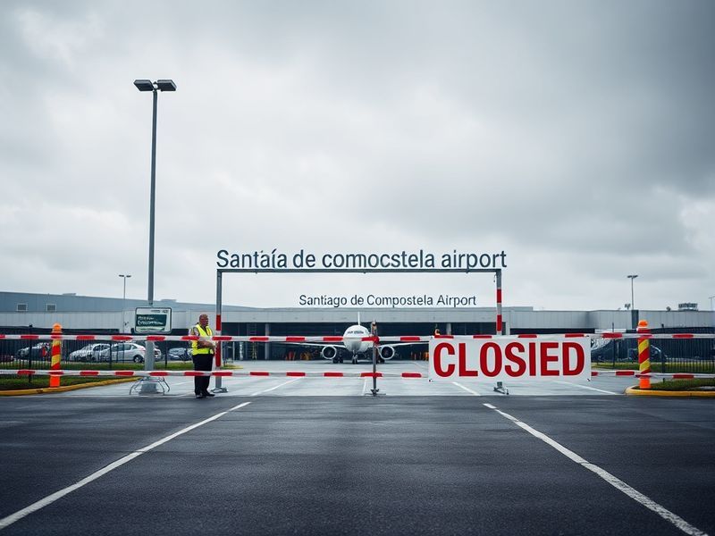 Aerial view of Santiago de Compostela Airport with closed runway signs, empty gates, and a few stranded passengers waiting fo