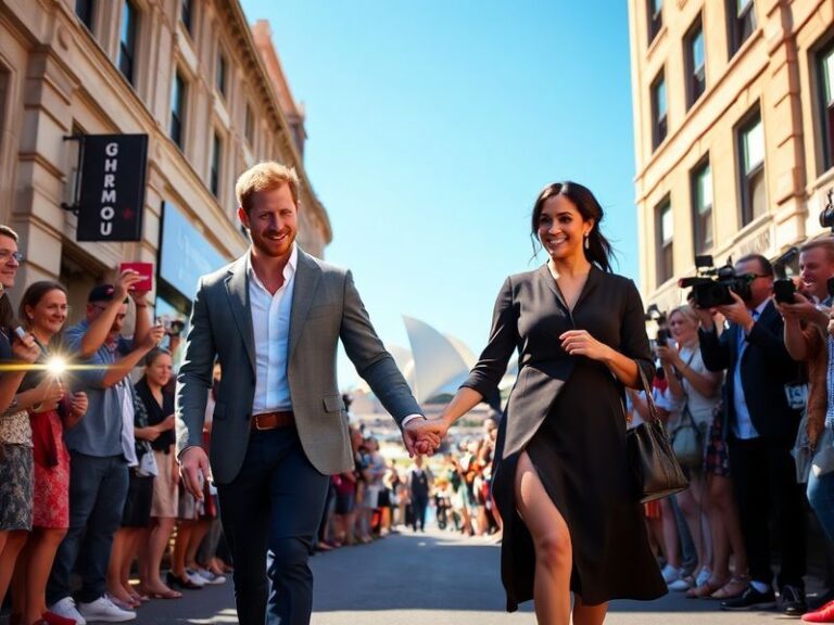 A candid photograph of Harry and Meghan interacting with locals in Sydney, smiling while holding coffee cups, with a backdrop