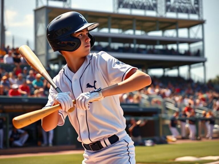 A dynamic action shot of Brayan Rocchio in a Cleveland Guardians uniform, mid-swing during a game at Progressive Field, with