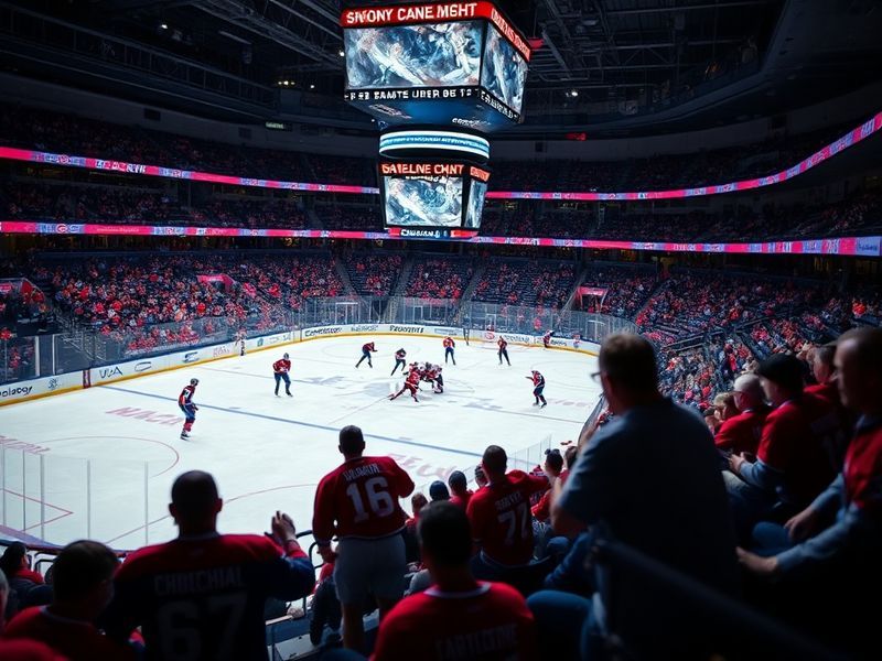 A high-energy NHL game between the Montreal Canadiens and Tampa Bay Lightning, showcasing action on the ice with players in m