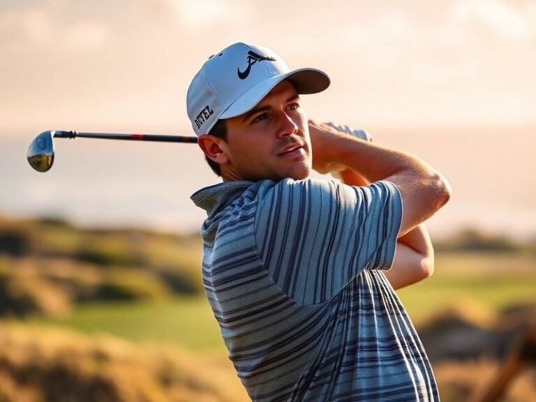 Gary Woodland mid-swing on a sunlit golf course, wearing a white cap and Titleist apparel, with a focused expression. The Peb