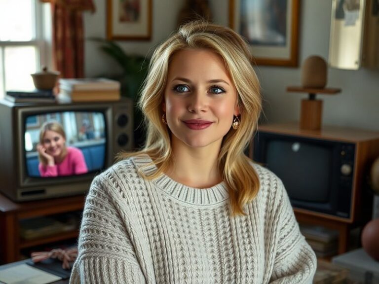 A professional portrait of Melissa Joan Hart in her 40s, wearing modern casual attire, standing in a softly lit home office w