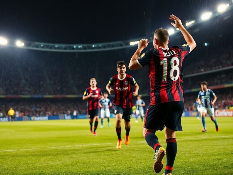 A vibrant stadium scene with Flamengo's red-black jerseys and Bahia's blue-white-green kits clashing on the pitch, under brig
