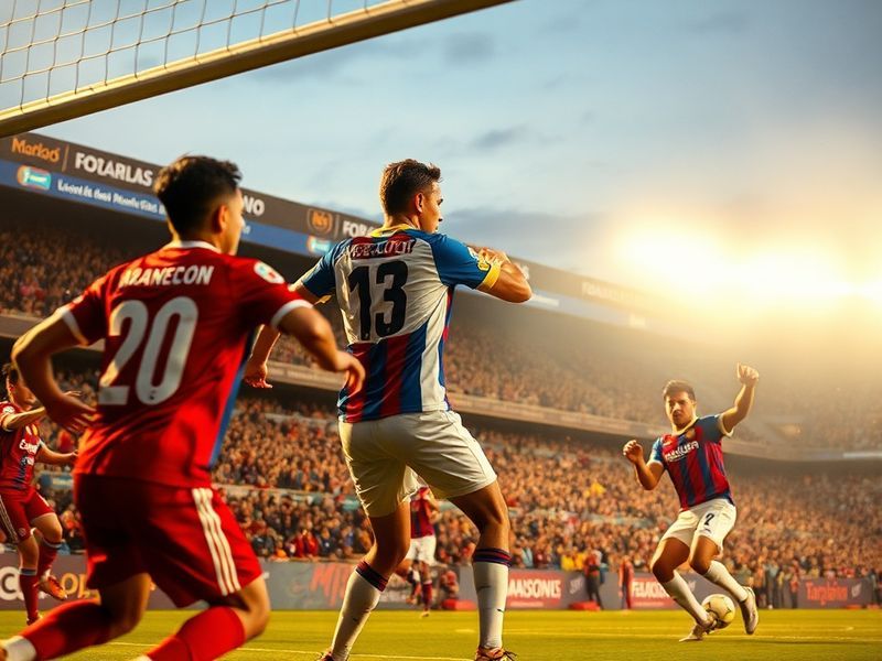 A vibrant stadium atmosphere during a Macará vs Barcelona SC match, showing fans in team colors, players on the field, and th