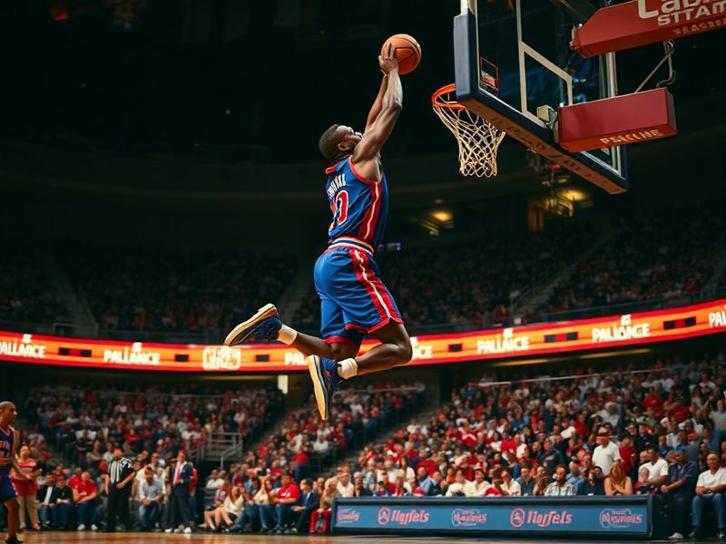 A dynamic action shot of Grant Hill during a game, showcasing his athleticism and skill, with a packed arena in the backgroun