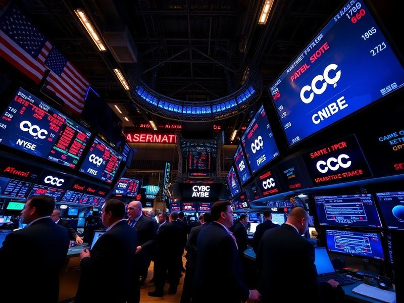 A split-screen image showing a CNBC newsroom with live futures data on screens in the background, a trader analyzing charts o