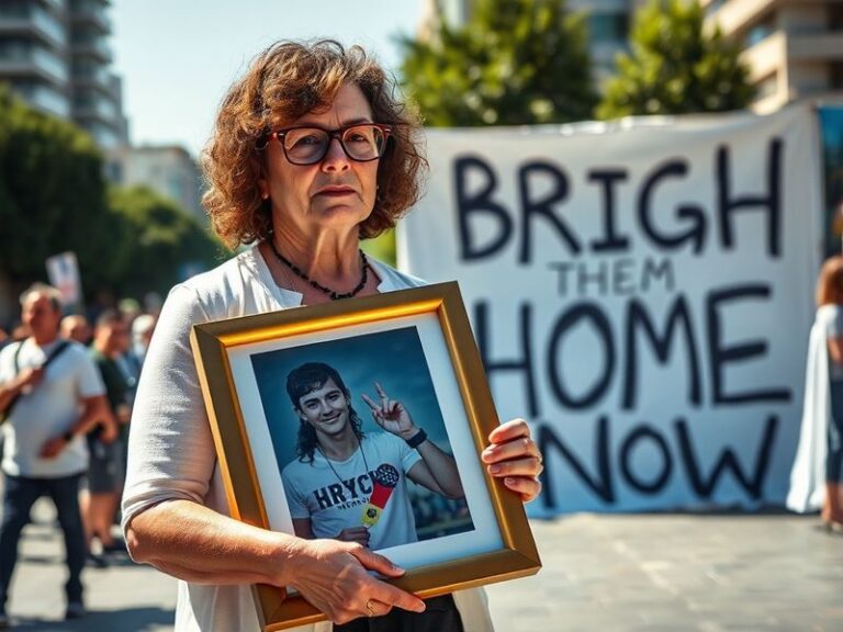 A somber yet determined Rachel Goldberg-Polin speaking at a podium, holding a photograph of her son Hersh, in front of an int