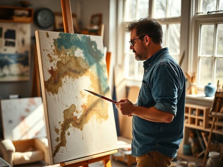 A dynamic live performance scene featuring Andrew Painter on stage with live musicians, surrounded by towering projection scr