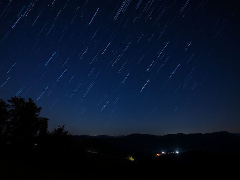 A wide-angle night sky photograph showing the Lyrid meteor shower with streaking meteors, the Milky Way, and the constellatio