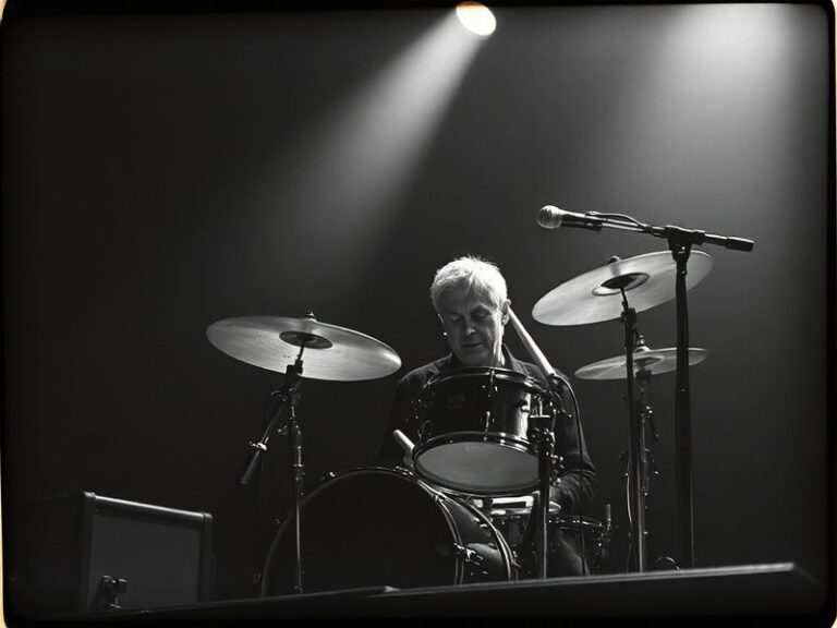 A dynamic live performance shot of Stewart Copeland behind his drum kit, wearing sunglasses and a leather jacket, with a spot
