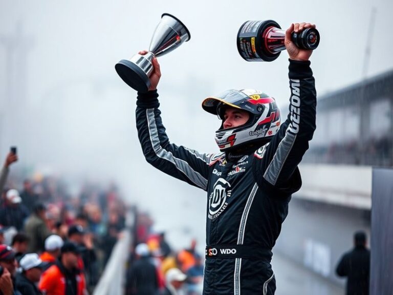 A dynamic action shot of Alex Palou driving his IndyCar on a street circuit, wearing his Chip Ganassi Racing firesuit. The im